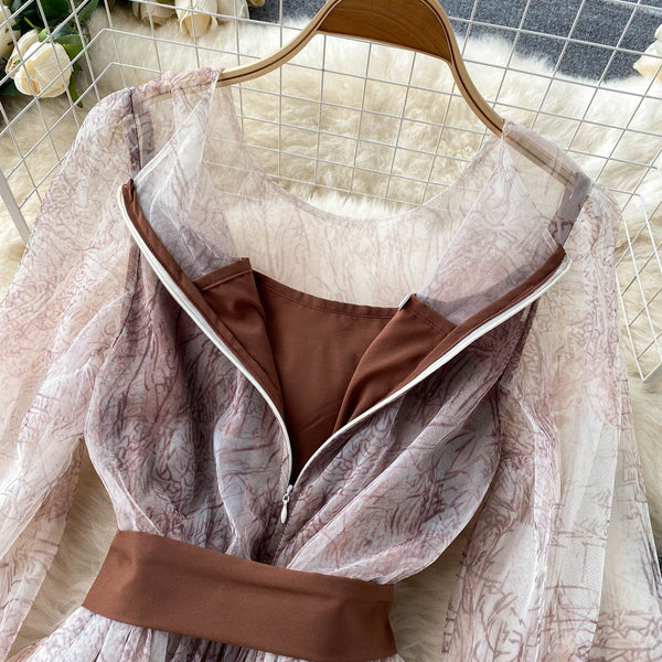 French Style Floral Printed Mesh Dress