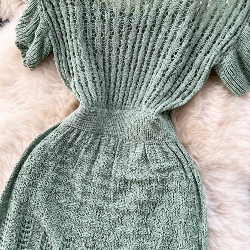Solid Color V-neck A-line Dress