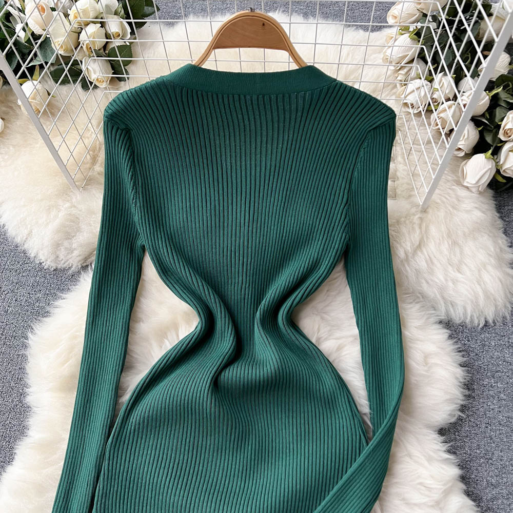Elegant V-neck Long Sleeve Knitted Dress