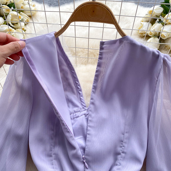 V-neck Beaded Ruffled Chiffon Dress
