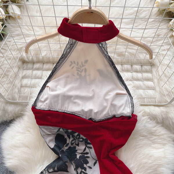 Çiçekli Nakışlı Dantel Cheongsam Elbisesi