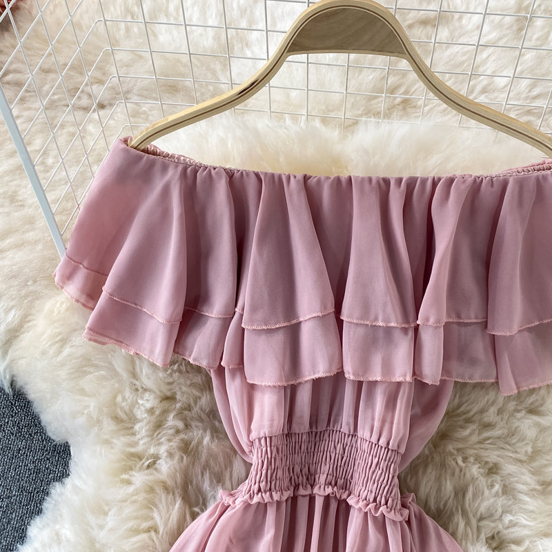 Off-shoulder Ruffle Mesh Chiffon Dress