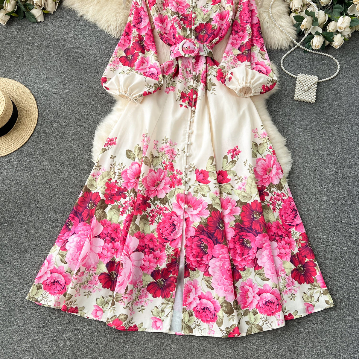French Style Puffy Sleeve Floral Dress