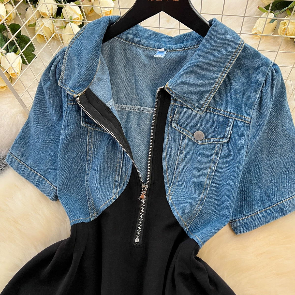 Faux Two-pieces Denim Patchwork Dress