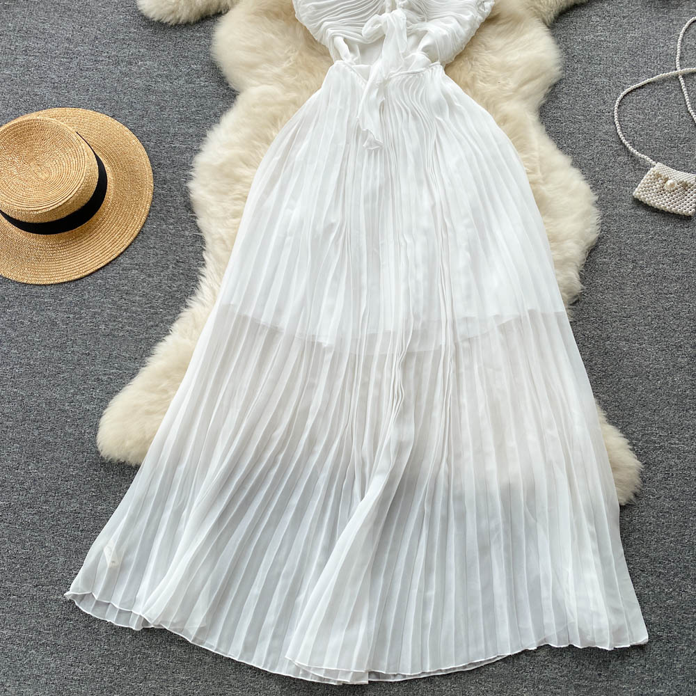 High-waist Pleated White Chiffon Dress