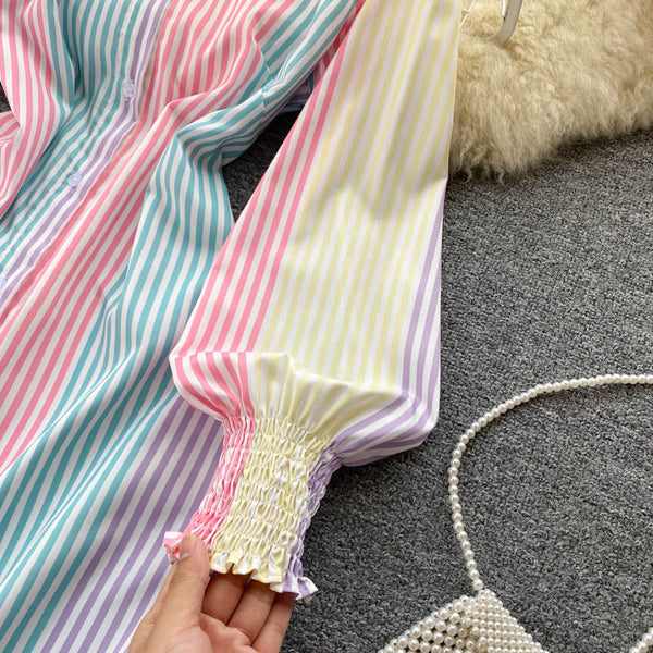 Color Blocking Striped Shirt Dress