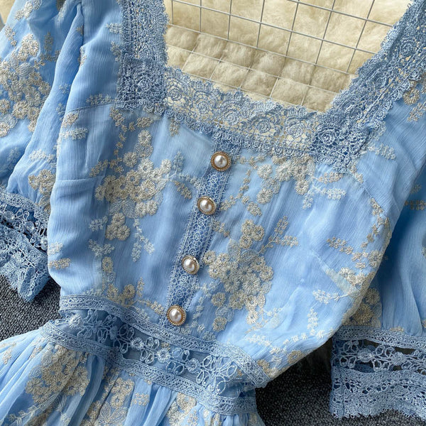 Courtly Embroidered Ruffle Lace Dress