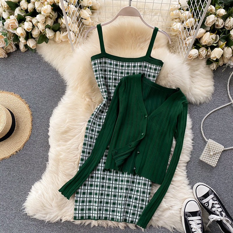 Knitted Cardigan&Plaid Dress 2Pcs