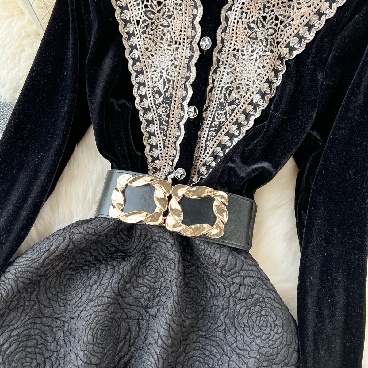 Vintage Embroidered A-line Suede Dress