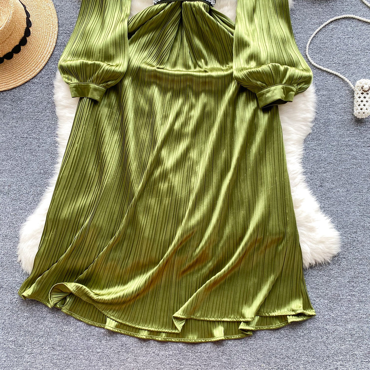Stand Collar Beaded Stain Dress