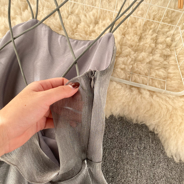 Silver Backless Crossover Halter Dress