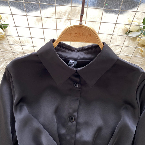 Casual Satin Pleated Shirt Dress