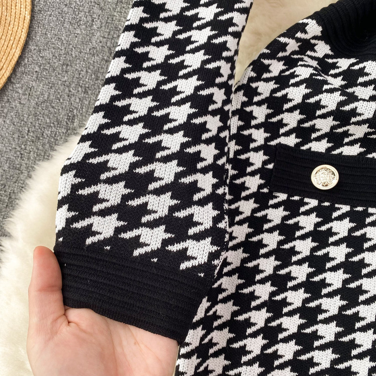 Premium Houndstooth Patchwork Knitted Dress