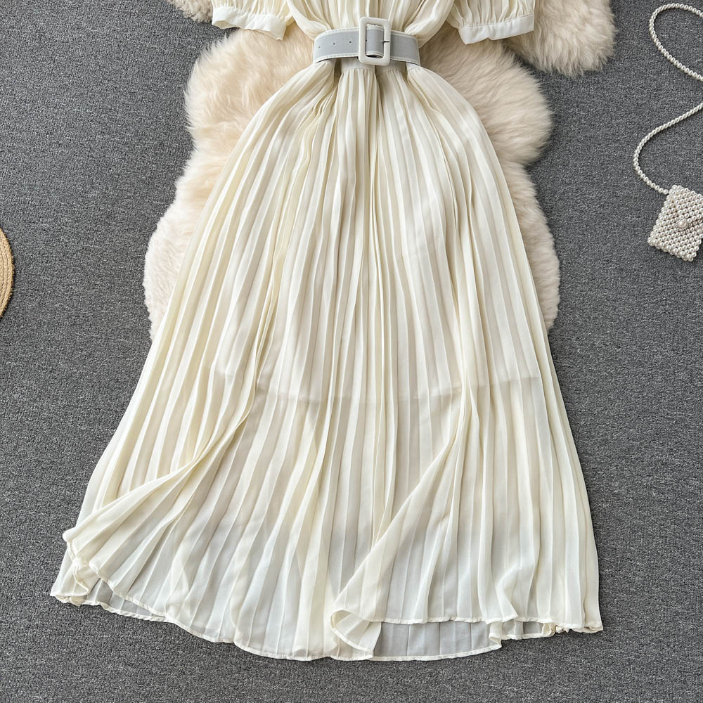 High Waist Tied Chiffon Pleated Dress