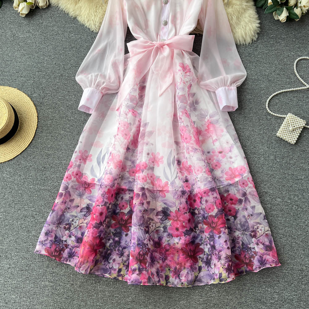 Stand Collar Lace-up Floral Shirt Dress