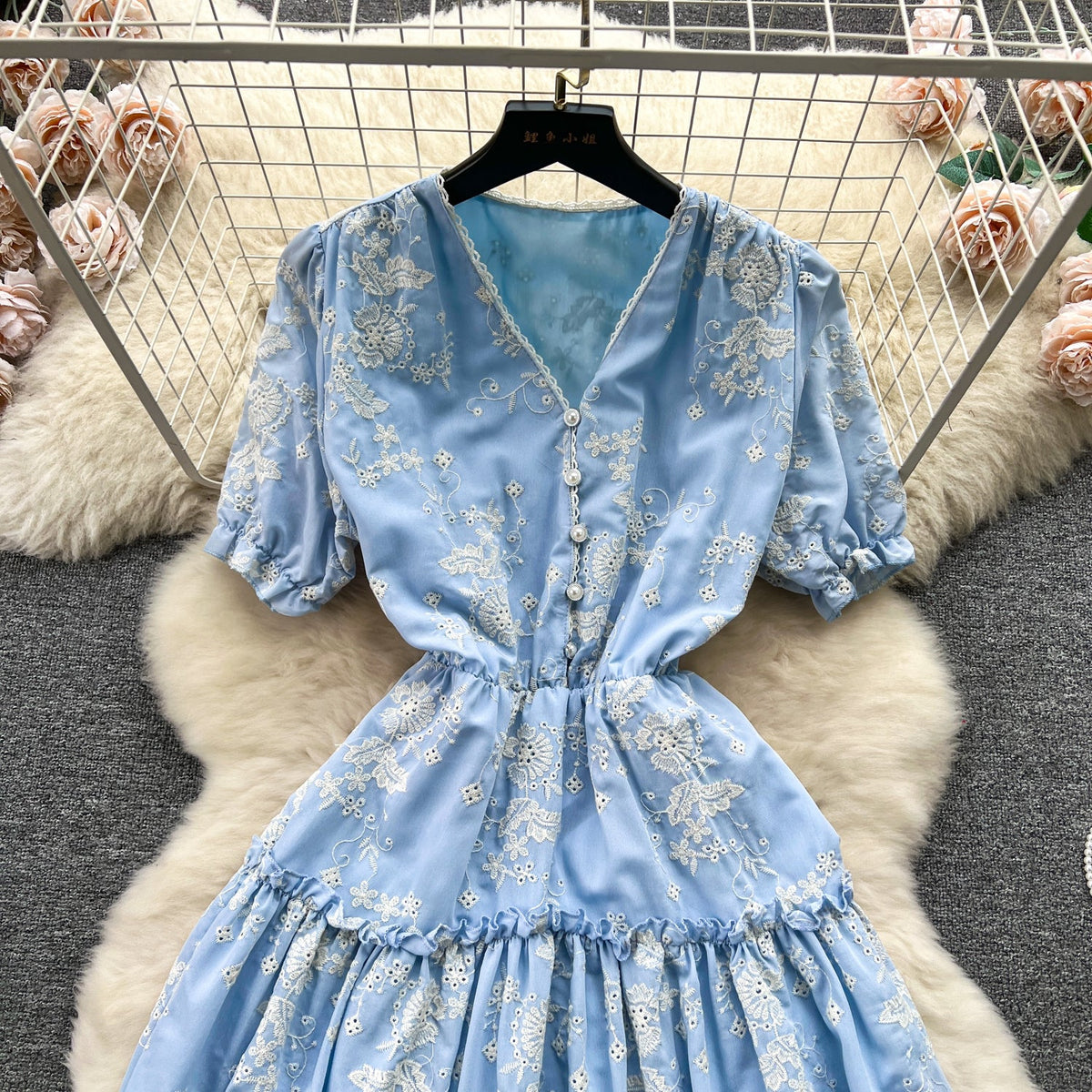 V-neck Floral Embroidered Blue Dress