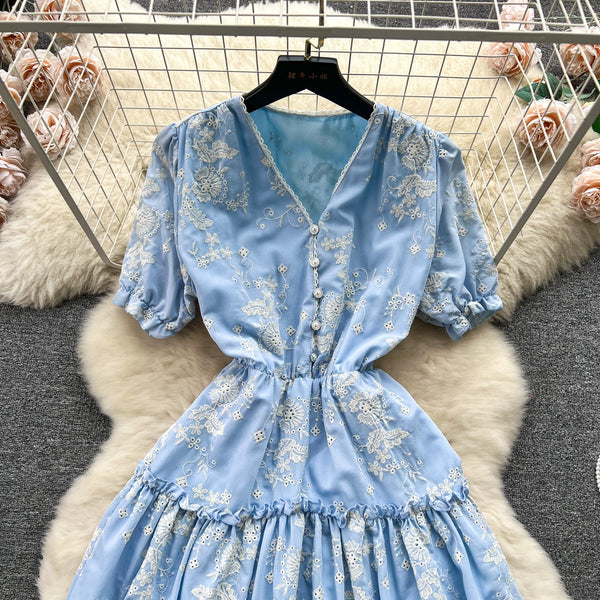 V-neck Floral Embroidered Blue Dress