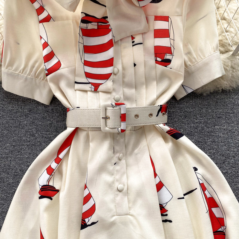 Niche Printed Shirt Dress with Belt