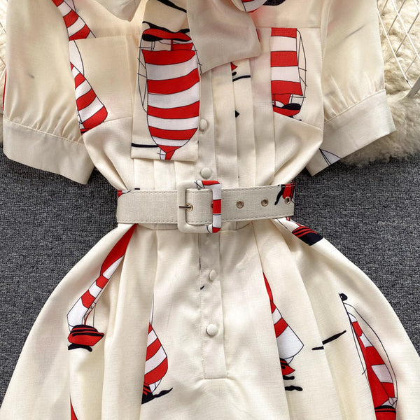 Niche Printed Shirt Dress with Belt