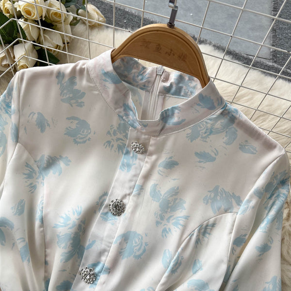 Stand Collar Patchwork Floral Chiffon Dress