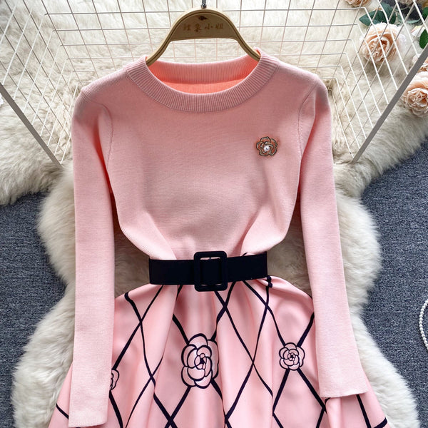 Faux Two-pieces Rhomboid Printed Dress