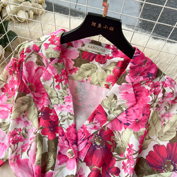 Suit Collar Single-breasted Floral Dress