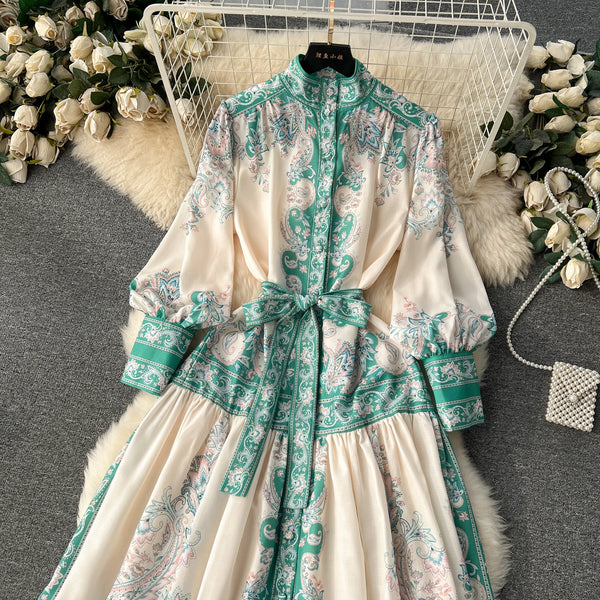 Courtly Puffy Sleeve Lace-up Floral Dress