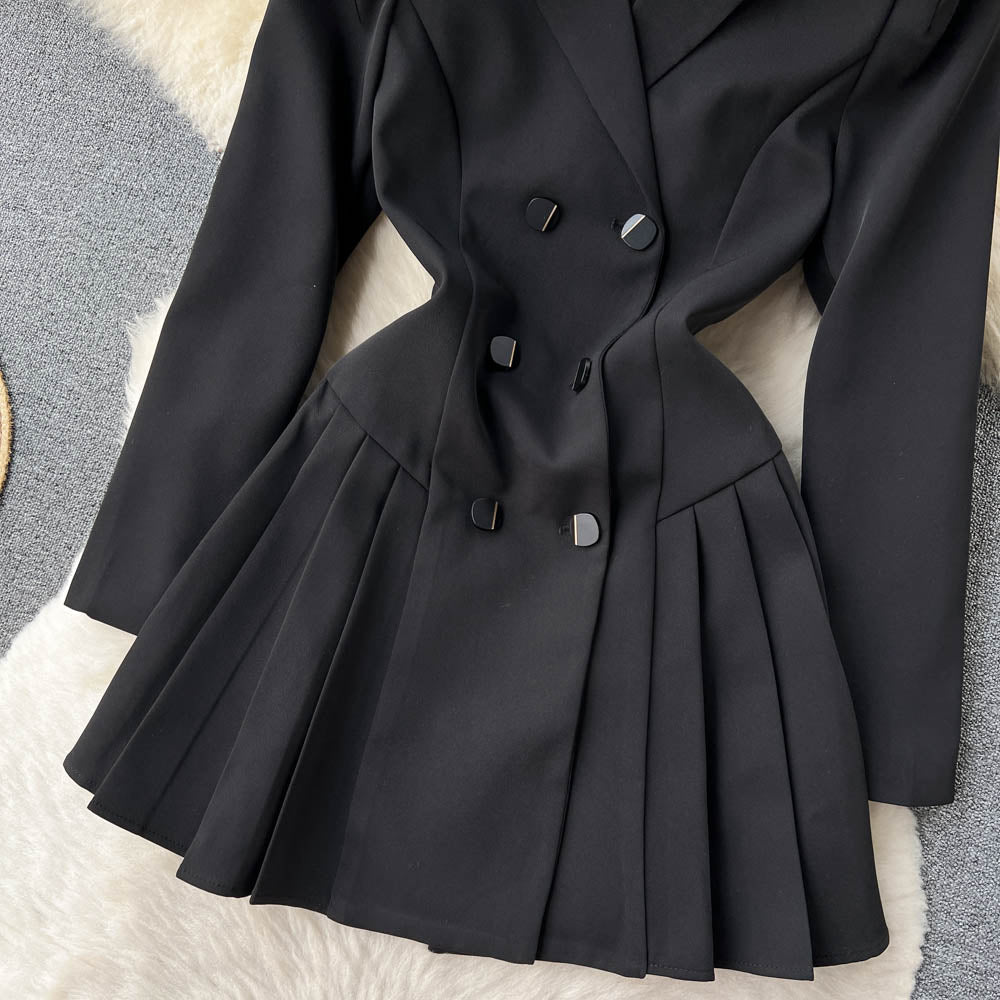 Lapeled Pleated Black Suit Dress