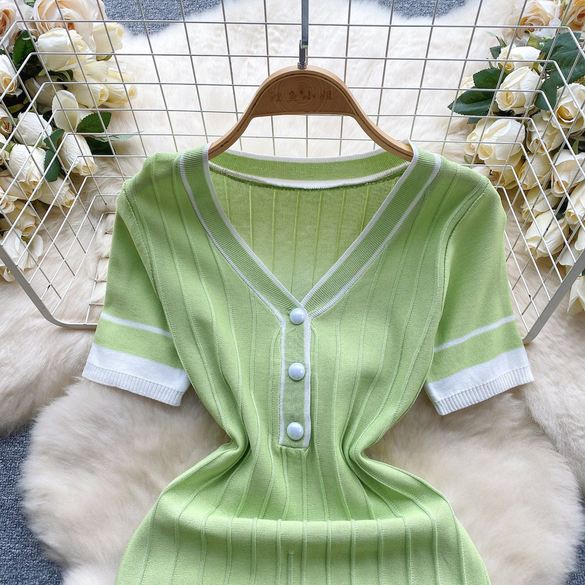 Candy Color V-neck Knitted Dress