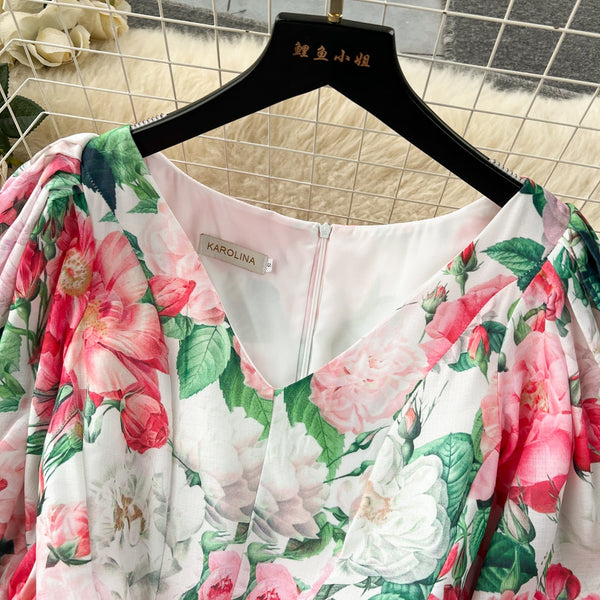 Courtly Puffy Sleeve Floral Dress