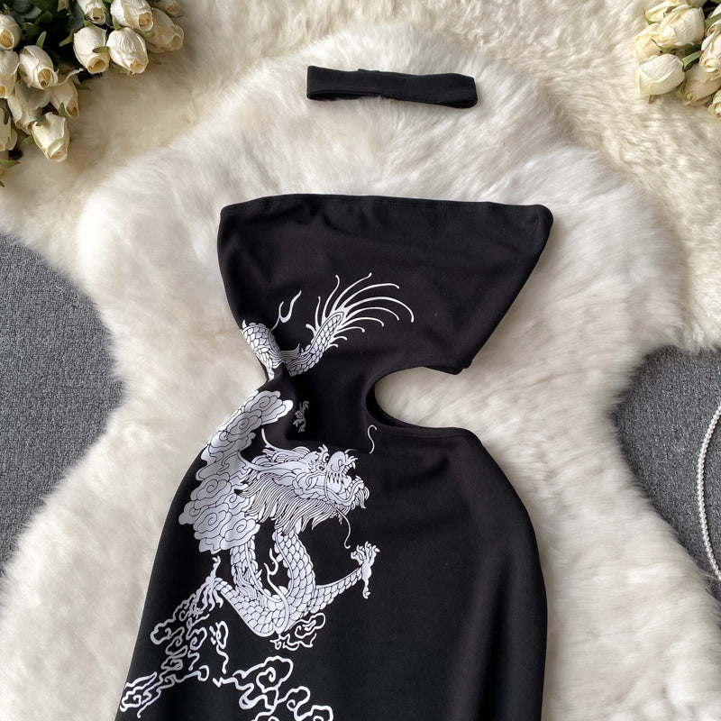 Cheongsam Off-shoulder Printed Hollowed Dress