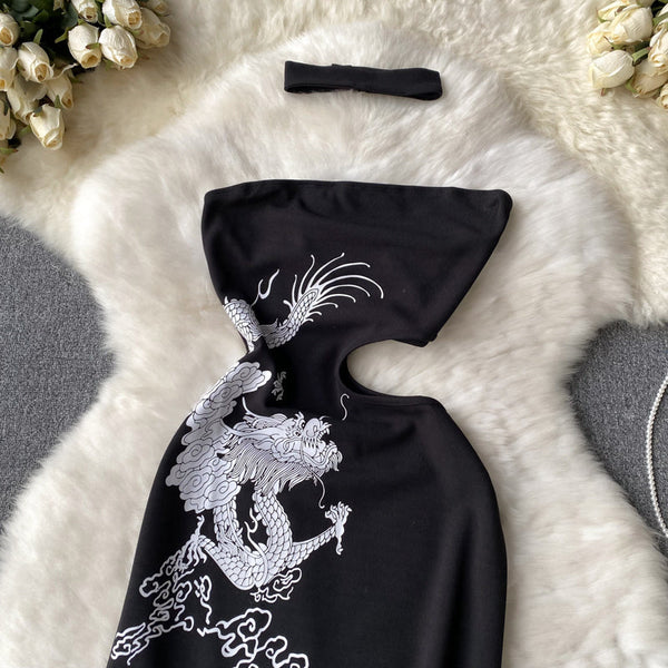 Cheongsam Off-shoulder Printed Hollowed Dress