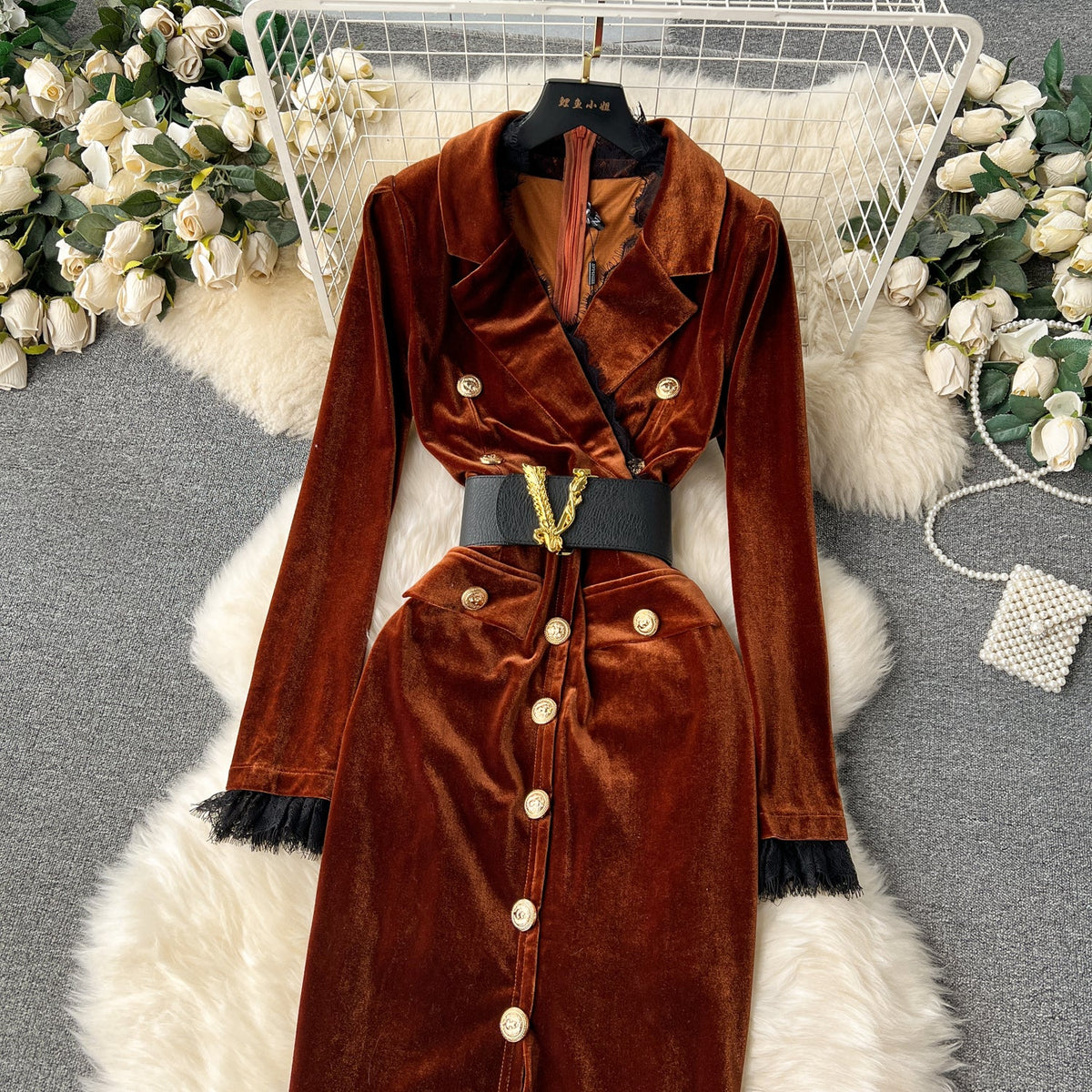 Vintage Gold Velvet Suit Collar Dress