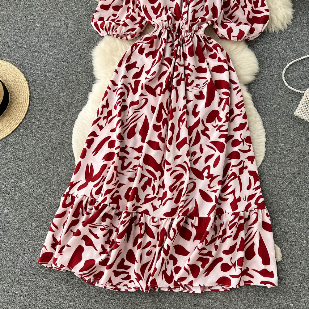 Square Neck Bubble Sleeve Floral Dress