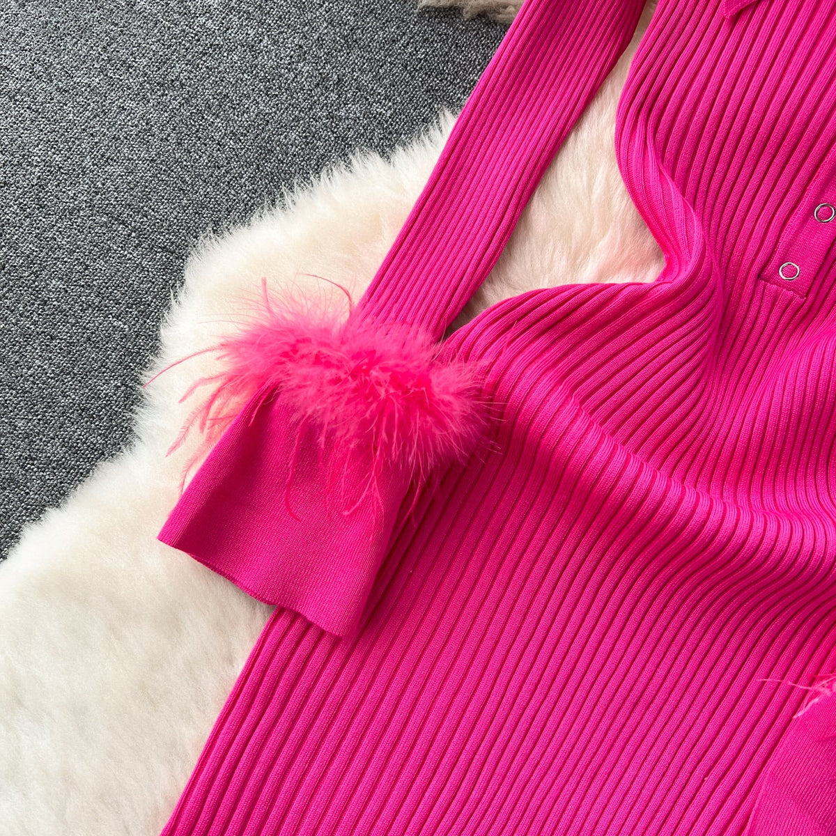 Lapel Furry Cuff Knitted Dress
