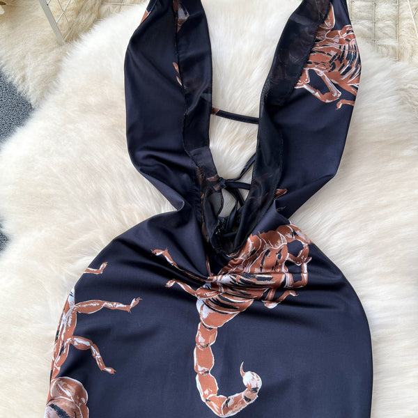 Low-cut Black Floral Halter Dress