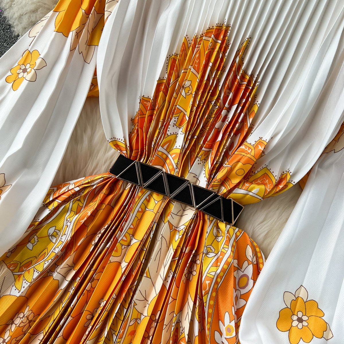 Floral Printed High-waist Pleated Dress