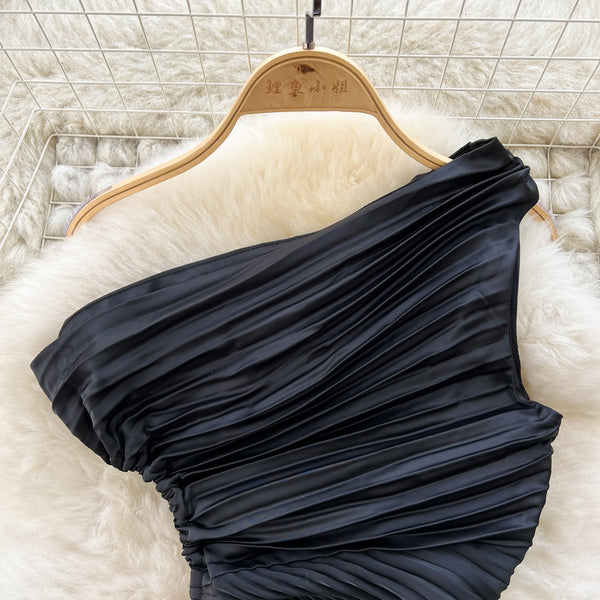 Slant Neckline Pleated Black Dress