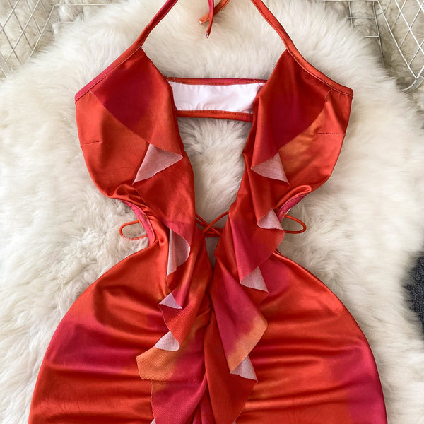Hollowed Ruffle Backless Halter Dress