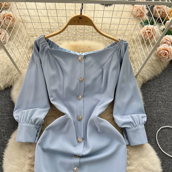 Off-shoulder Single-breasted Blue Dress