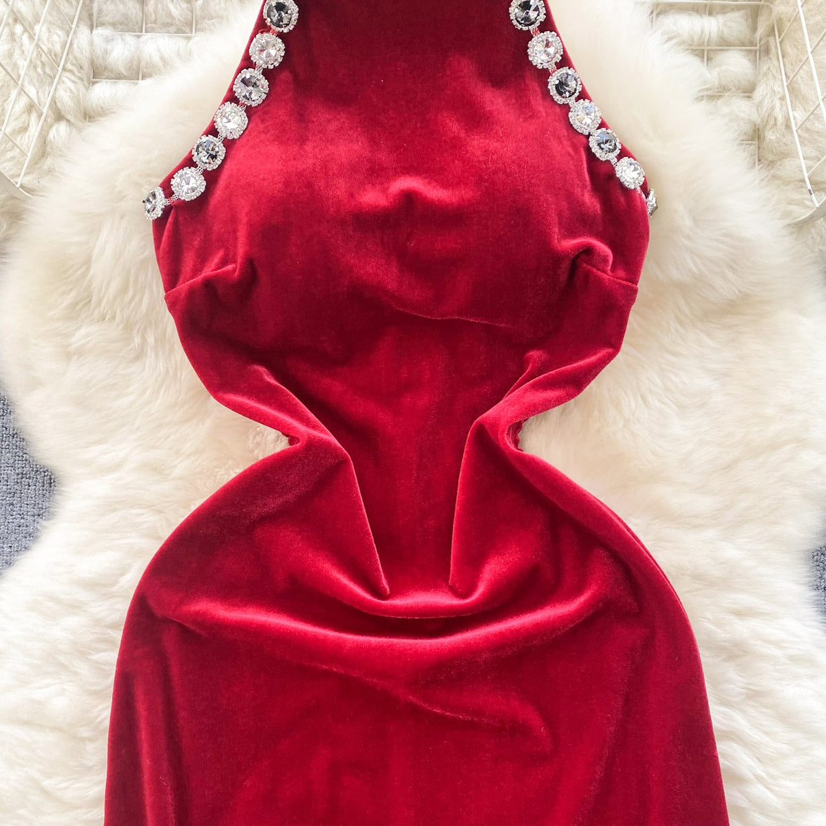High-end Rhinestone Studded Halter Dress