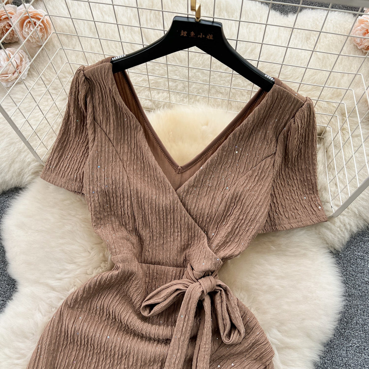 Sweetie V-neck Lace-up Ruffled Dress