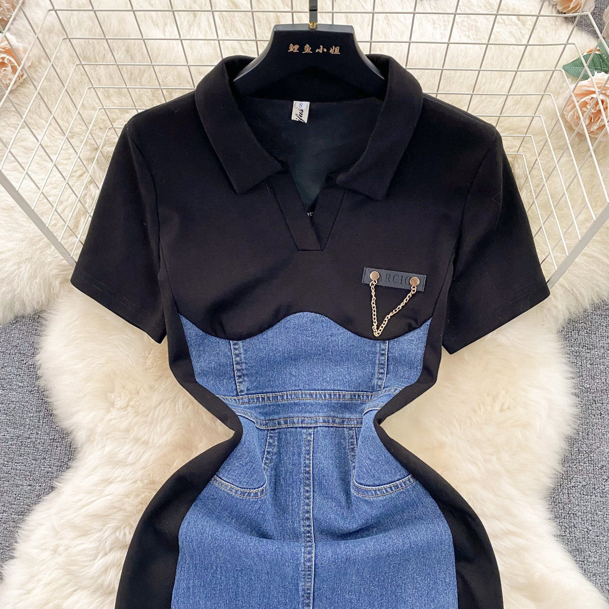 Faux Two-pieces Denim Patchwork Dress