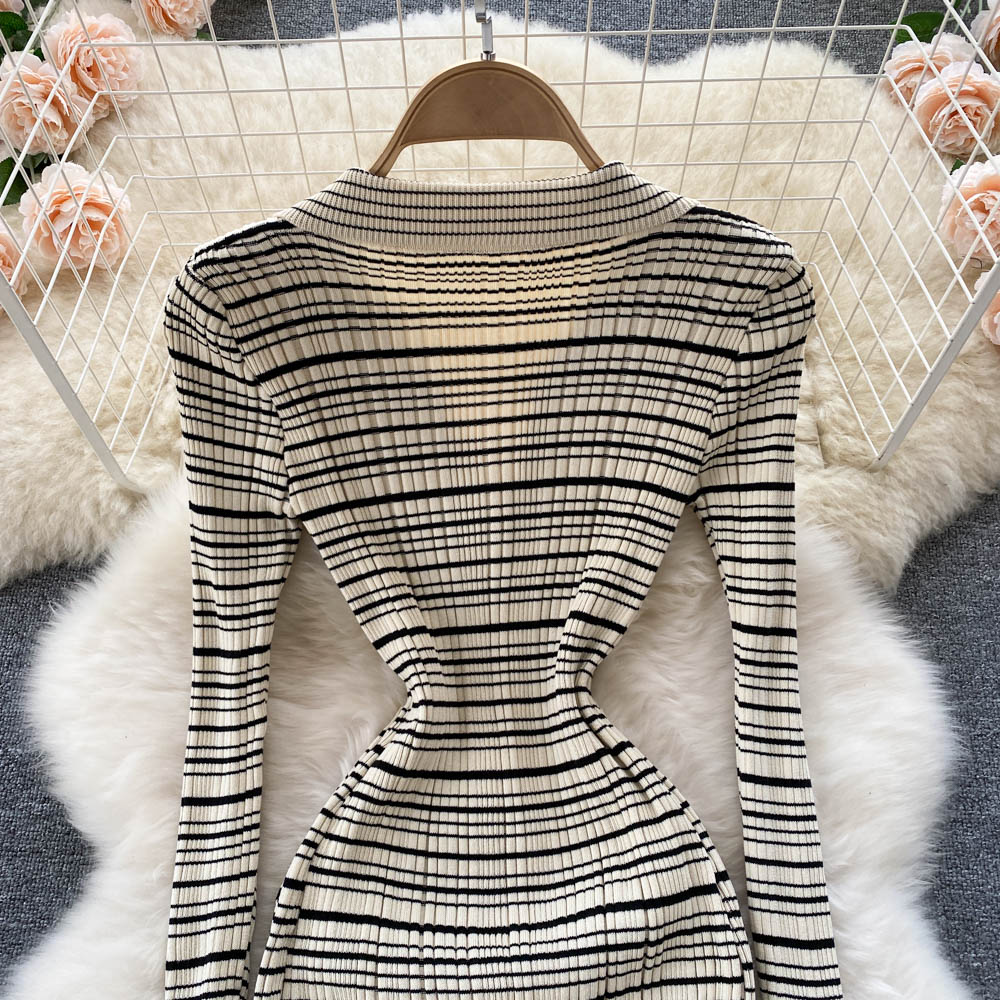 Vintage Striped Knitted Bottoming Shirt Dress