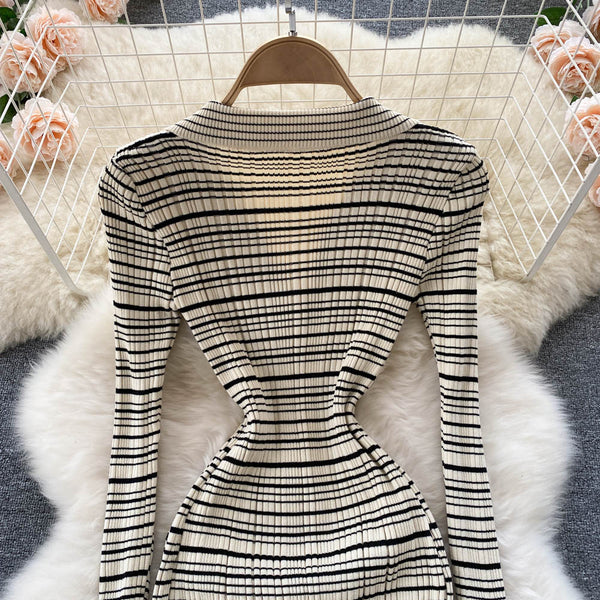 Vintage Striped Knitted Bottoming Shirt Dress
