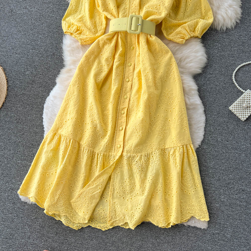 Frock With Hollow V-neck And Bubble Sleeves
