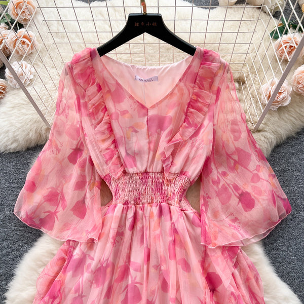 Sweet Ruffled Floral Chiffon Dress
