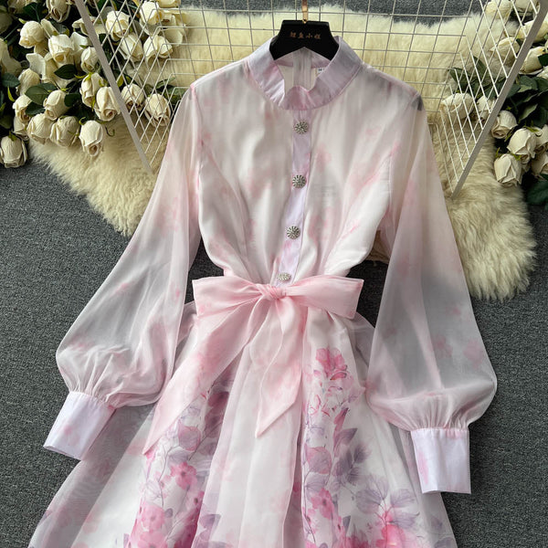 Stand Collar Lace-up Floral Shirt Dress