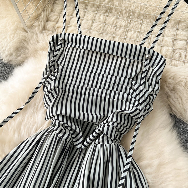 High-end Striped Pleated Slip Dress