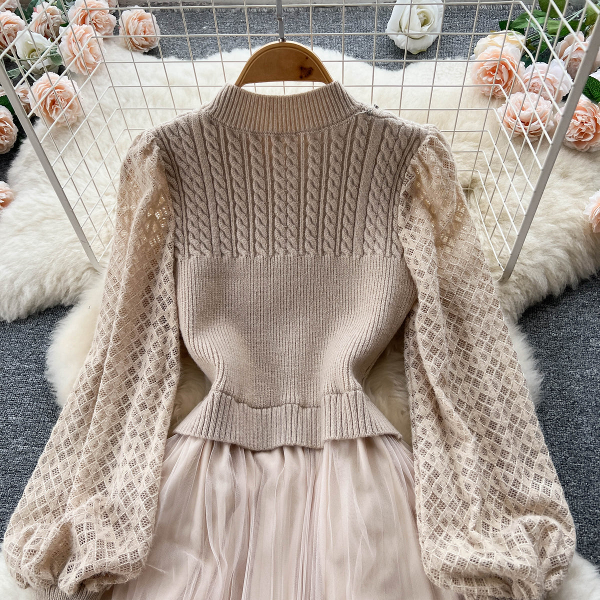 Patchwork Hollowed Mesh Over-knee Dress